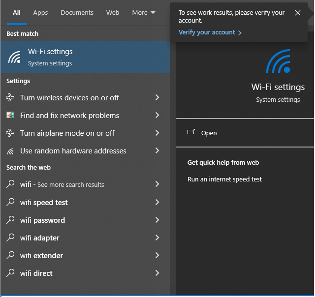 Screenshot of Windows 10 start menu with wif-fi settings highlighted